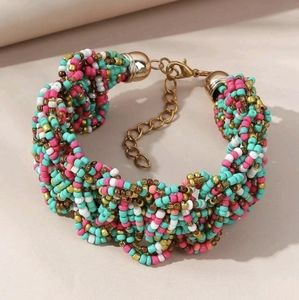 Blue pink & gold woven beaded bracelet